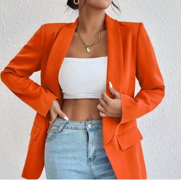 . Jackets & Blazers - Orange Preppy Womens Solid Shawl Collar Blazer